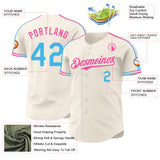 Custom Cream Sky Blue-Pink Raglan Line Gradient Stripe Authentic Baseball Jersey