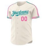 Custom Cream Pink-Teal Raglan Line Gradient Stripe Authentic Baseball Jersey