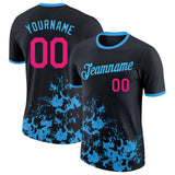 Custom Black Hot Pink-Sky Blue Brush Stroke Splatter Performance T-Shirt