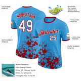 Custom Sky Blue White-Red Brush Stroke Splatter Performance T-Shirt
