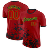 Custom Red Black-Neon Green Brush Stroke Splatter Performance T-Shirt