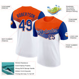 Custom Orange Royal-White Geometric V-Lines Color Block Performance T-Shirt