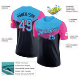 Custom Sky Blue Black-Pink Geometric V-Lines Color Block Performance T-Shirt