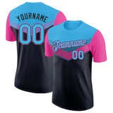 Custom Sky Blue Black-Pink Geometric V-Lines Color Block Performance T-Shirt