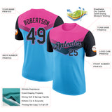Custom Pink Black-Sky Blue Geometric V-Lines Color Block Performance T-Shirt
