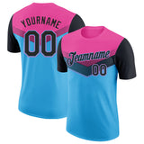 Custom Pink Black-Sky Blue Geometric V-Lines Color Block Performance T-Shirt