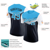 Custom Sky Blue Black-White Geometric V-Lines Color Block Performance T-Shirt