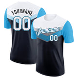 Custom White Black-Sky Blue Geometric V-Lines Color Block Performance T-Shirt