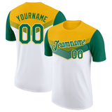 Custom Gold Kelly Green-White Geometric V-Lines Color Block Performance T-Shirt