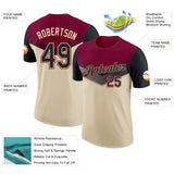 Custom Maroon Black-Cream Geometric V-Lines Color Block Performance T-Shirt