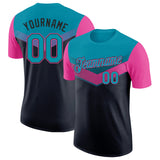 Custom Teal Black-Pink Geometric V-Lines Color Block Performance T-Shirt