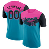 Custom Pink Black-Teal Geometric V-Lines Color Block Performance T-Shirt