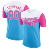 Custom White Pink-Sky Blue Geometric V-Lines Color Block Performance T-Shirt