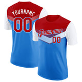Custom Red Powder Blue-White Geometric V-Lines Color Block Performance T-Shirt