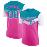 Custom Teal Pink-White Geometric V-Lines Color Block Performance T-Shirt