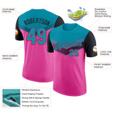 Custom Teal Pink-Black Geometric V-Lines Color Block Performance T-Shirt