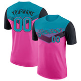 Custom Teal Pink-Black Geometric V-Lines Color Block Performance T-Shirt