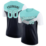 Custom Ice Blue Black-White Geometric V-Lines Color Block Performance T-Shirt