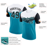 Custom White Black-Teal Geometric V-Lines Color Block Performance T-Shirt