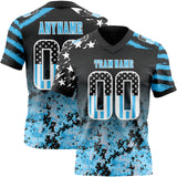 Custom Black USA Flag Camo White-Sky Blue Authentic Gradient Digital Camouflage Stars & Stripes Raglan Sleeves Football Jersey