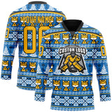 Custom Light Blue Gold-Black Christmas Tree And Tiger 3D Hockey Lace Neck Jersey