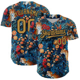 Custom Royal Old Gold-Black 3D Pattern Design Northeast China Big Flower And Leopard Authentic Baseball Jersey