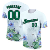 Custom White Kelly Green-Black 3D Pattern Design Flowers Performance T-Shirt
