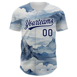 Custom White Navy 3D Pattern Design Mountains Landscape Authentic Baseball Jersey