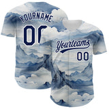 Custom White Navy 3D Pattern Design Mountains Landscape Authentic Baseball Jersey