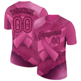 Custom Hot Pink Black 3D Pink Ribbon Breast Cancer Performance T-Shirt