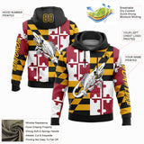 Custom Gold Black-Red 3D Maryland Flag And Fish Hook Skull Fishing Sports Pullover Sweatshirt Hoodie