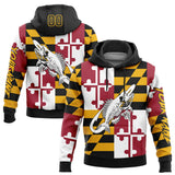 Custom Gold Black-Red 3D Maryland Flag And Fish Hook Skull Fishing Sports Pullover Sweatshirt Hoodie