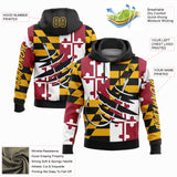 Custom Gold Black-Red 3D Maryland Flag And Fish Hook Fishing Sports Pullover Sweatshirt Hoodie