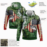 Custom Aurora Green White-Black 3D American Flag And Largemouth Bass Fish Fishing Sports Pullover Sweatshirt Hoodie