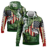 Custom Aurora Green White-Black 3D American Flag And Largemouth Bass Fish Fishing Sports Pullover Sweatshirt Hoodie