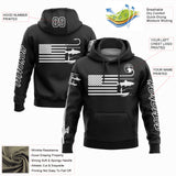 Custom Black White 3D American Flag And Fish Hook Fishing Sports Pullover Sweatshirt Hoodie