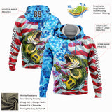 Custom Sky Blue Black-Red 3D American Flag And Largemouth Bass Fish Fishing Sports Pullover Sweatshirt Hoodie