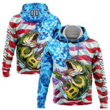 Custom Sky Blue Black-Red 3D American Flag And Largemouth Bass Fish Fishing Sports Pullover Sweatshirt Hoodie