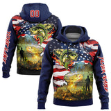 Custom Navy Red-White 3D American Flag And Smallmouth Bass Fish Fishing Sports Pullover Sweatshirt Hoodie