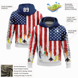 Custom White US Navy Blue Red-Black 3D American Flag And Fish Hook Fishing Bait Sports Pullover Sweatshirt Hoodie