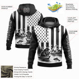 Custom Black White 3D American Flag And Fish Fishing Sports Pullover Sweatshirt Hoodie