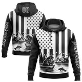 Custom Black White 3D American Flag And Fish Fishing Sports Pullover Sweatshirt Hoodie