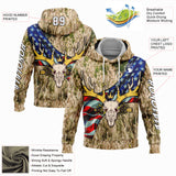 Custom City Cream White-Black 3D American Flag And Deer Skull Hunting Sports Pullover Sweatshirt Hoodie