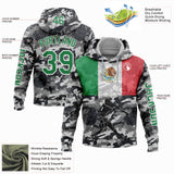Custom Camo Kelly Green-White 3D Mexico Mexican Flag Sports Pullover Sweatshirt Salute To Service Hoodie