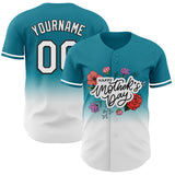 Custom Teal White-Black 3D Pattern Design Gradient Mother's Day Flower Authentic Baseball Jersey