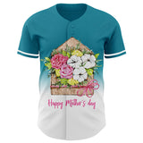 Custom Teal White-Black 3D Pattern Design Gradient Mother's Day Flower Authentic Baseball Jersey