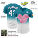 Custom Teal White-Light Pink 3D Pattern Design Gradient Mother's Day Love And Flower Authentic Baseball Jersey