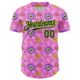 Custom Pink Black-Neon Green 3D Pattern Design Funny Cartoon Flower And Sun Authentic Baseball Jersey