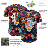 Custom Navy White-Black 3D Mexican Festival Flower Skull With Sombrero Cinco de Mayo Authentic Baseball Jersey