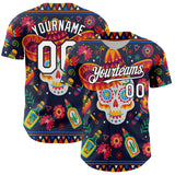 Custom Navy White-Black 3D Mexican Festival Flower Skull With Sombrero Cinco de Mayo Authentic Baseball Jersey